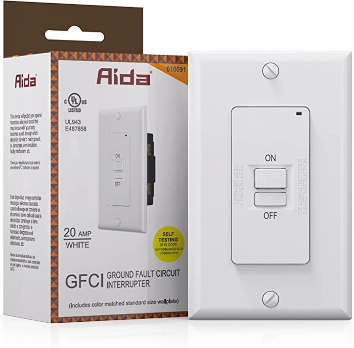 AIDA Self-Test 20 Amp Blank Face GFCI Indoor Receptacle Ground Fault Circuit Interrupter Faceless GFCI with LED Indicator,UL Listed,Back &Side Wire ( White, 1Pack )