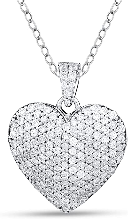 925 Sterling Silver Necklace 1.25 cttw Cluster Round Cut Micro Pave Cubic Zirconia Diamond Heart Shape Pendant For Women (With 18" Free Silver Chain) by Jenelia Jewelers