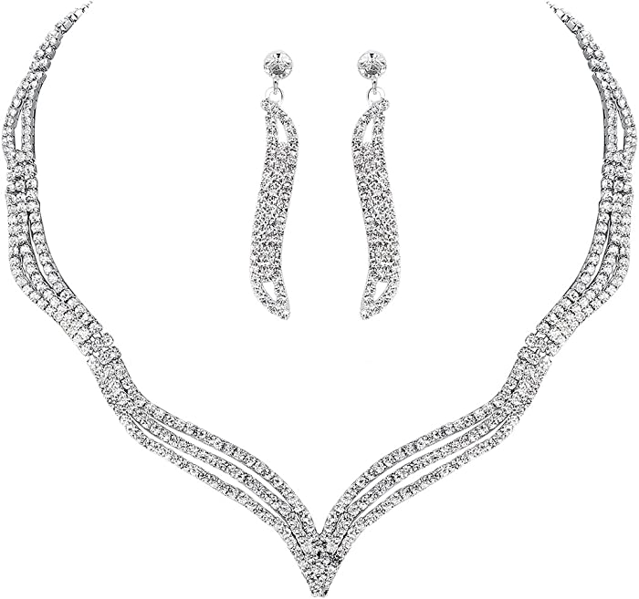 mecresh Women's Wedding Bridal Austrian Crystal Necklace Earrings Bracelet Jewelry Set Gifts fit with Wedding Dress