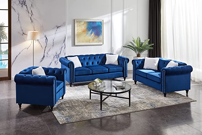 Melpomene 3 Pieces Blue Velvet Living Room Sofa Set Including 3-Seater Sofa Loveseat and Sofa Chair, with Button Tufted Nailhead and 5 White Villose Cushions (1+2+3 seat)