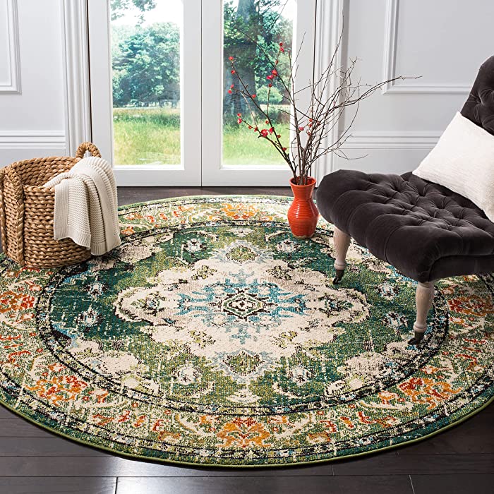 SAFAVIEH Monaco Collection 6'7" x 6'7" Round Forest Green/Light Blue MNC243F Boho Chic Medallion Distressed Non-Shedding Dining Room Entryway Foyer Living Room Bedroom Area Rug