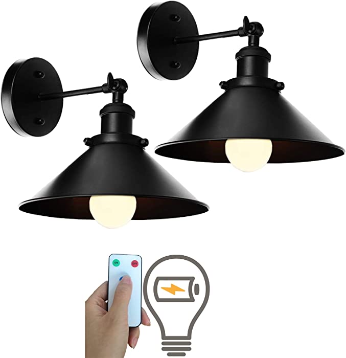 2 Light Black Wall Sconces Adjustable Swing Arm Wall Lamp, Led Remote Control Battery Operated Indoor Wireless Dimmable Wall Mount Light Fixture for Loft Bedroom, Battery Light Bulb Included