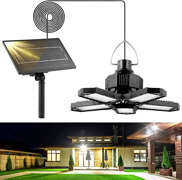 Solar Pendant Lights, Motion Sensor LED Shed Light with Remote Control and 10FT Cable, 4 Lighting Modes, Deformable LED Garage Light for Indoor, Garden, Patio, Garage, Barn (Single Head)