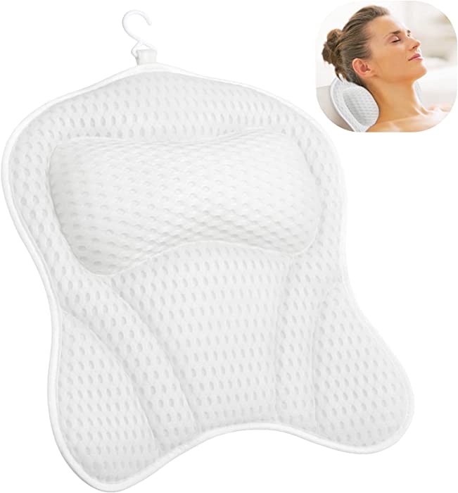 JELBOLIN Bath Pillow for Tub, Bathtub Pillow for Head Neck Back Support Non Slip, 4D Air Mesh Soft Tub Pillow for Headrest with 6 Suction Cups, Suitable Spa Cushion for Tub Jacuzzi Bubble, White