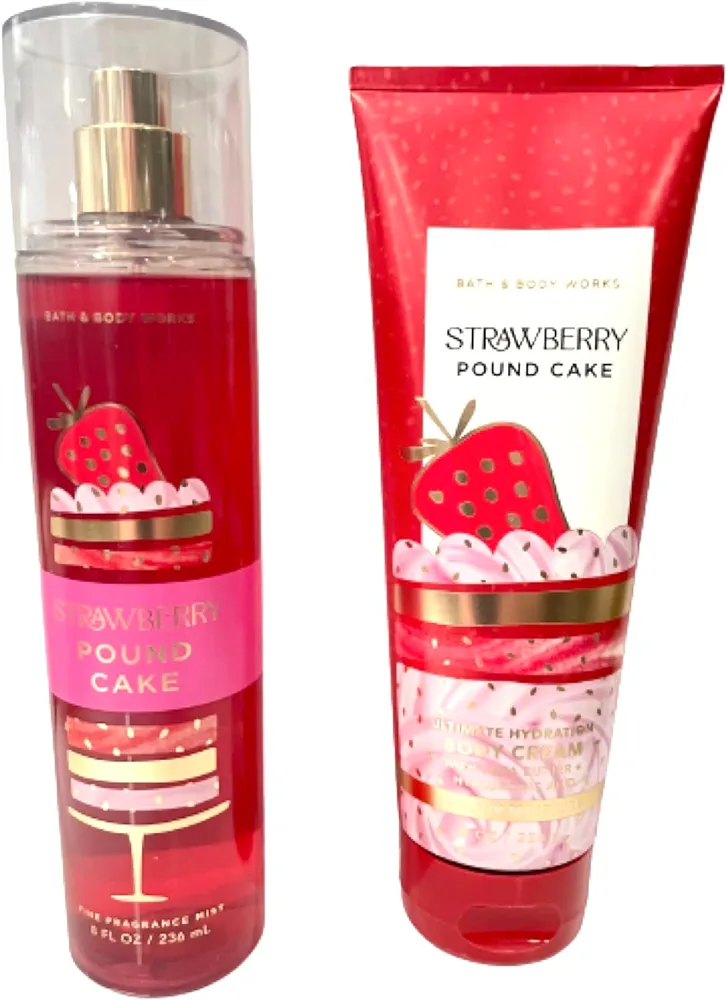 Bath & Body Works - Strawberry Pound Cake - 2 pc Bundle - Fine Fragrance Mist and Ultimate Hydration Body Cream - 2022