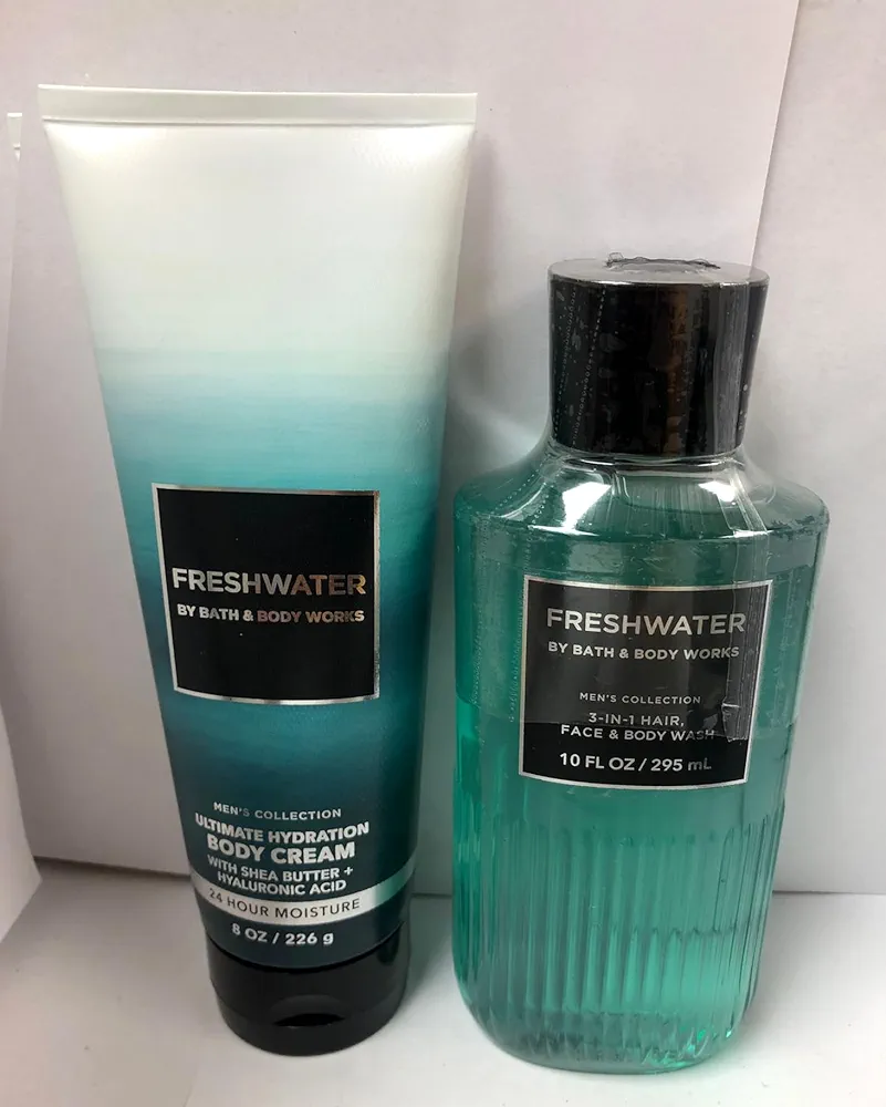 Bath and Body Works Men's Collection Freshwater 2 in 1 Hair and Body Wash 10 Oz and Body Cream 8 Oz.