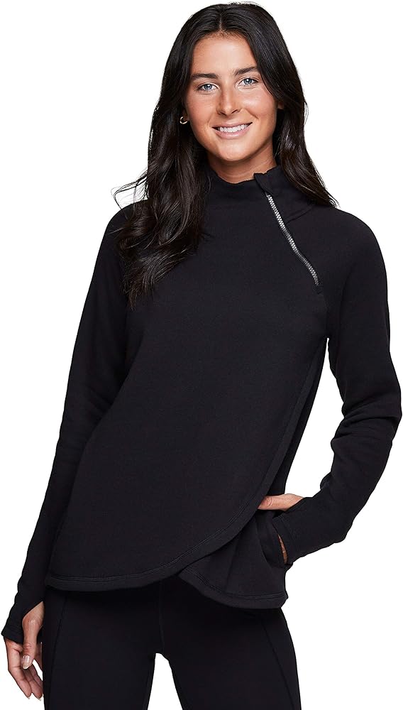 RBX Activewear Women's Fleece Pullover Sweatshirt With Zip Mock Neck, Pockets and Thumb Holes