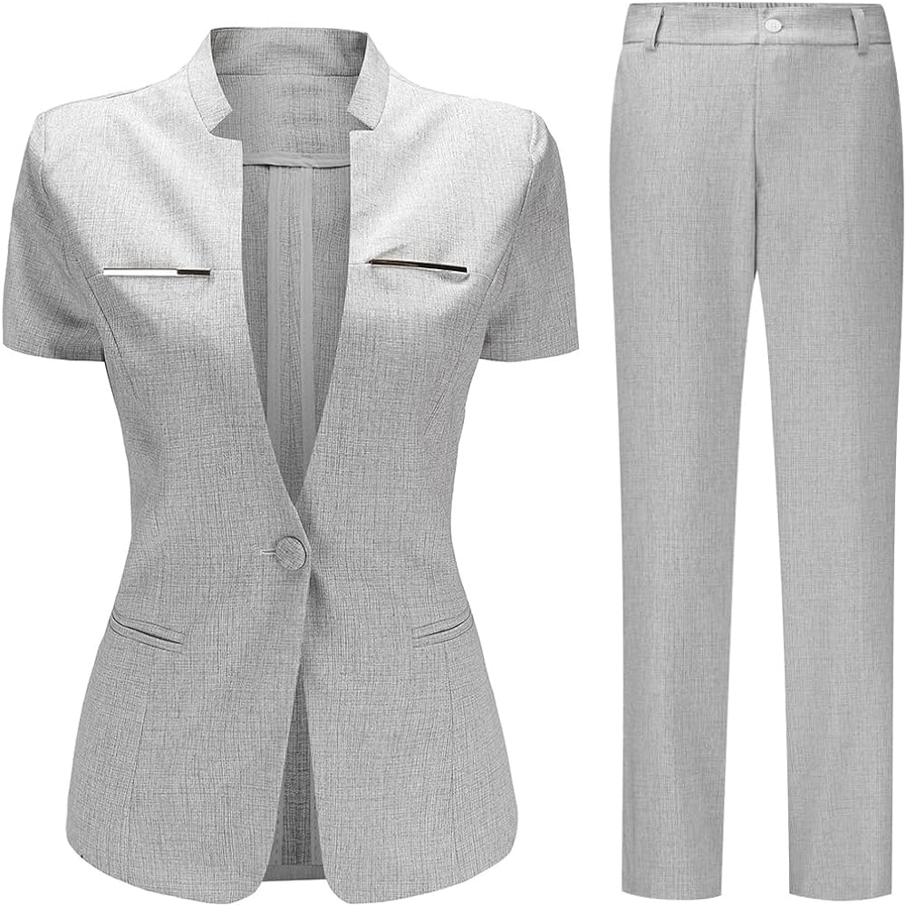 YUNCLOS Women's 2 Piece Business Office Suit Set One Button Short Sleeve Blazer Jacket and Suit Pants