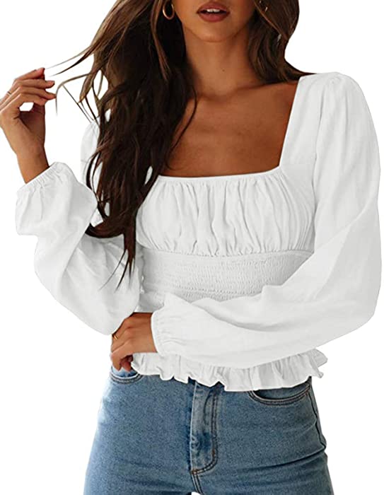 CNJFJ Women's Sexy Frill Smock Crop Top Retro Square Neck Long Sleeve Shirred Blouse Tops