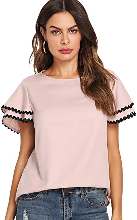 Floerns Women's Layered Ruffle Lace Trim Short Sleeve Blouse Tops