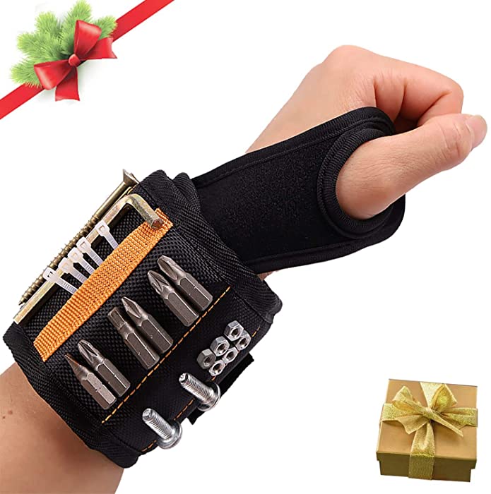 Magnetic Wristband Tool Belt with Thumb Loop, 15 Powerful Magnets Holding Screws, Nails, Drill Bits. Best Christmas Gifts for Men, Dad, Father, Husband, DIY Men, Handyman, Electrician(Black)