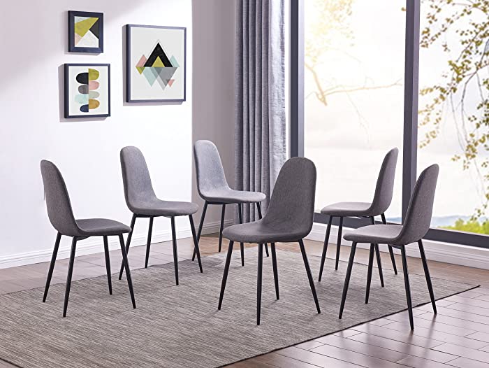 IDS Home Dining Room Chair for Kitchen, Mid Century Modern Accent Armless Side Fabric Chair, Upholstered Cover with Metal Legs Set of 4/6 (Set of 6, Grey)