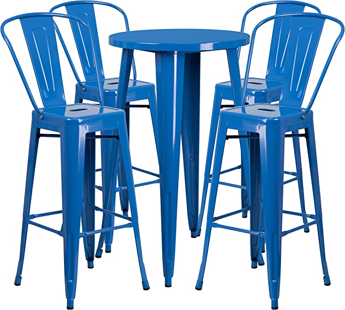 Flash Furniture 24'' Round Blue Metal Indoor-Outdoor Bar Table Set with 4 Cafe Stools