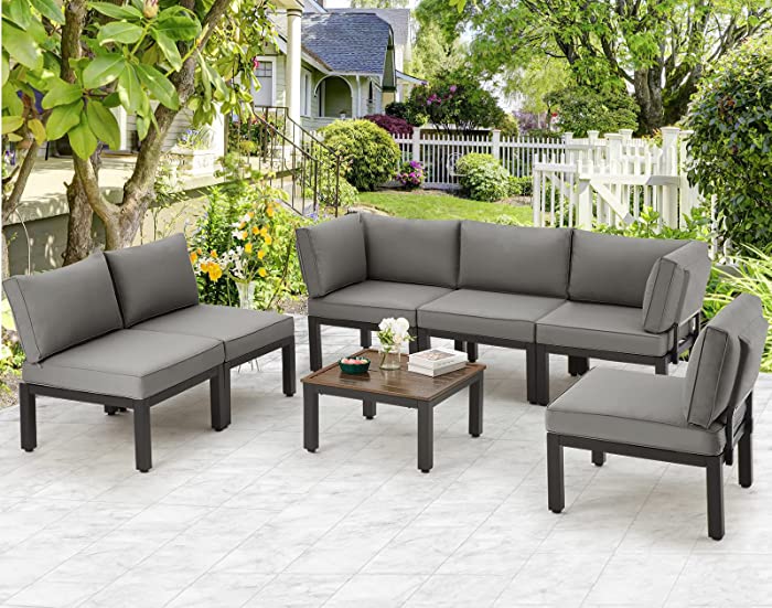 AECOJOY Outdoor Patio Furniture Sets,Patio Sectional Sofa Set with Table,Black Patio Conversation Sets Clearance Set with Grey Cushions