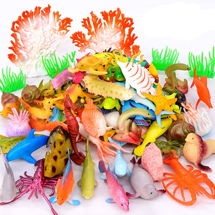 Pawliss 52 Pcs Ocean Sea Animals Toys, Under The Sea Life Figure Bath Toys for Kids, Plastic Marine Creatures Favors Mini Toys Small Toys Tiny Toys for Education