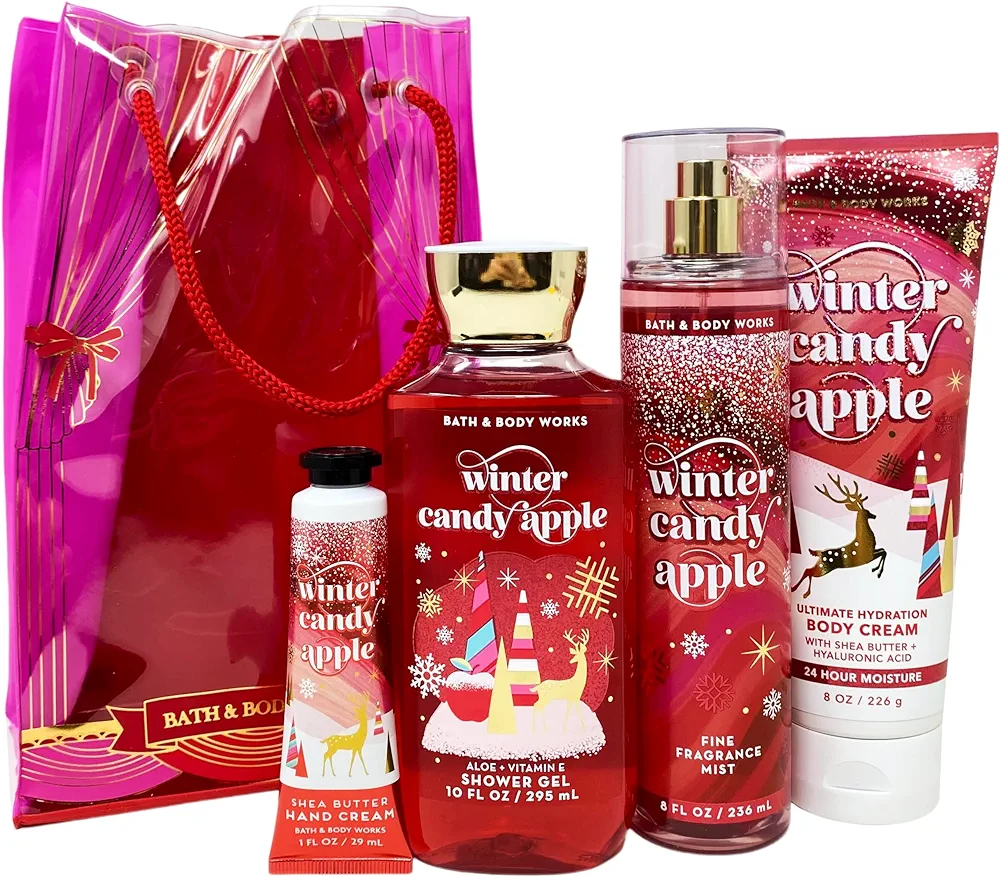 Bath and Body Winter Candy Apple Gift Set Bag - Fragrance Mist - Body Cream - Shower Gel and Hand Cream Arranged Inside a Decorative Gift Bag