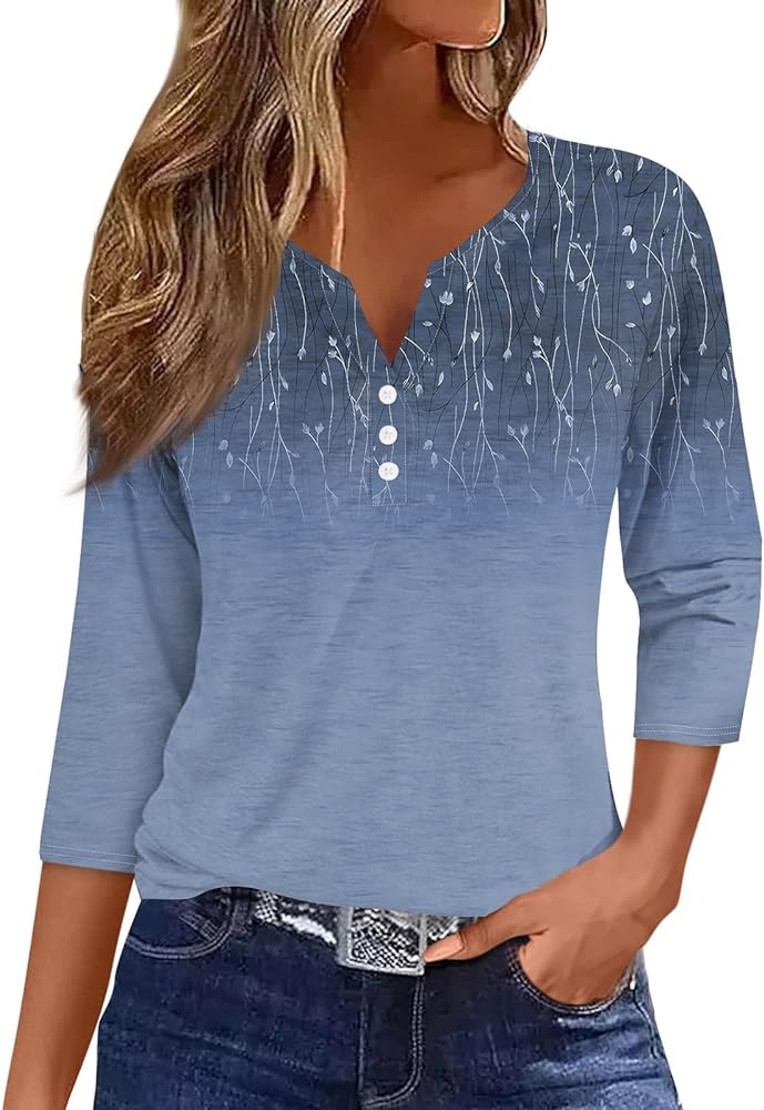 Women's Tops Basic 3/4 Sleeve Button Down Womens Tops Dressy Fitness Boho Style Fitted Womens Shirts Dressy Casual