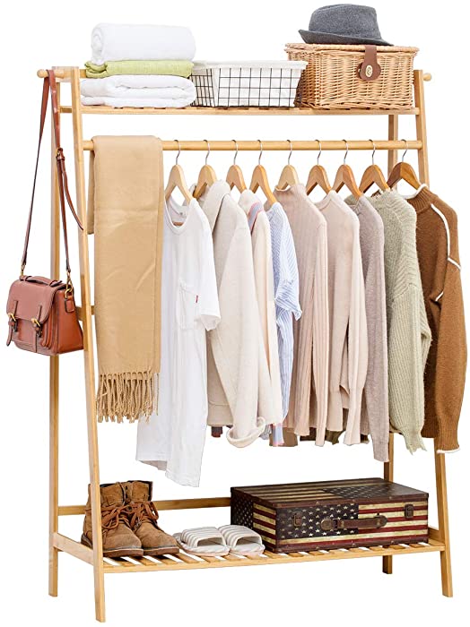 COPREE Bamboo Garment Coat Clothes Hanging Heavy Duty Rack with top Shelf and Shoe Clothing Storage Organizer Shelves