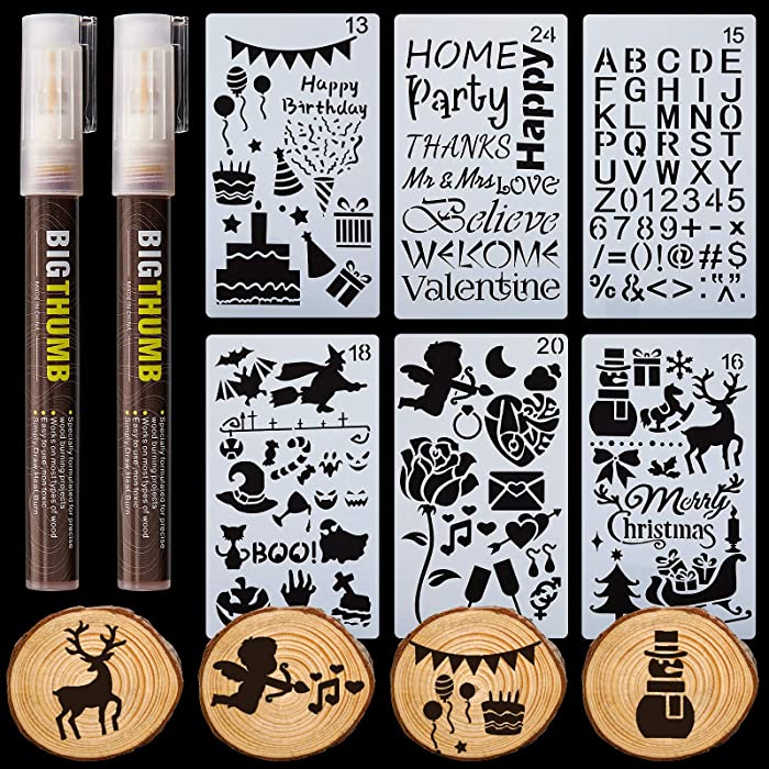 2 Pieces Wood Burning Pen Wood Burned Marker Pen Pyrography Marker with 6 Pieces Painting Stencils for DIY Wood Painting, Replace Wood Burning Iron Tool
