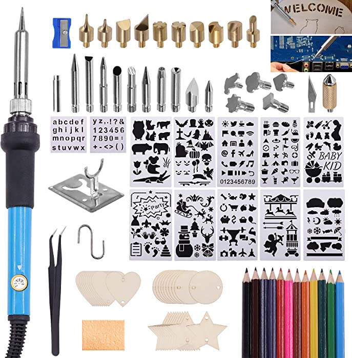 Mardatt 108 Pcs Wood Burning and Soldering Kit Includes Adjustable Temperature Pyrography Pen and Woodburning Tips, Unfinished Wood Pieces, Colorful Pencils and Hooks for Embossing Carving