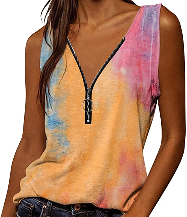 Women's Scoop Neck Casual Sleeveless Shirts Vintage Aesthetic Printing Zipper Plunge Summer Tank Tops and Blouses