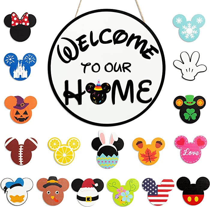 D1resion 19Pcs Mouse Seasonal Interchangeable Welcome Door Sign Welcome to Our Home Hanging Signs Wooden Round Decorative Plaques Set for Autumn Halloween Thanksgiving Christmas Home Porch Decor