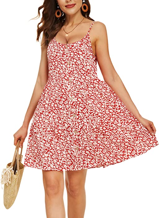 Beyove Women's Summer Dress Floral Print Adjustable Spaghetti Strap Button Down Casual Mini Dresses Sleeveless Sundress