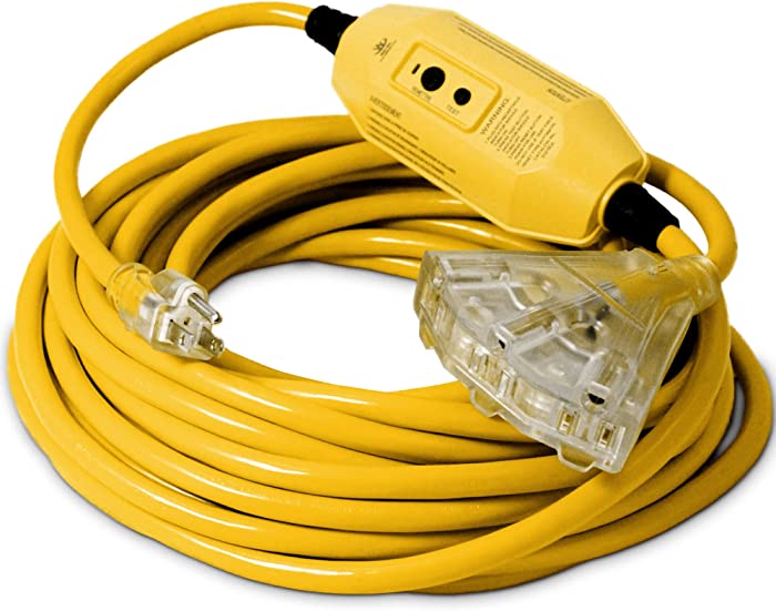 50-ft GFCI 12/3 Heavy Duty 3-Outlet SJTW Indoor / Outdoor Yellow Extension Cord by Watt's Wire - 50' 12-Gauge Grounded 15-Amp GFI Power-Cord (50 Foot 12-Awg Yellow GFCI)