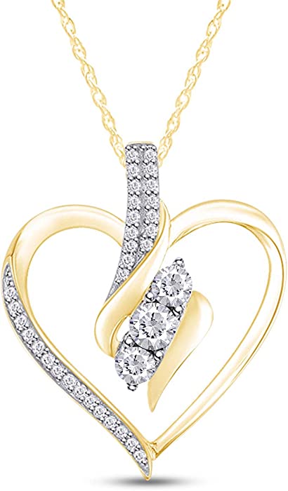 AFFY 1/4cttw Round Cut White Natural 3 Stone Diamond Heart Pendant Necklace in 14K Gold Over Sterling Silver (0.25 Ct) with 18" Chain For Women