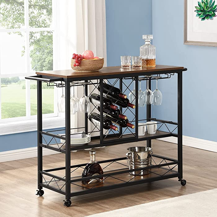 O&K FURNITURE Bar Cart for The Home, Industrial Kitchen Serving Cart on Wheels, Bar Cart with Wine Rack and Glass Holders, Rolling Wine Cabinet, Brown