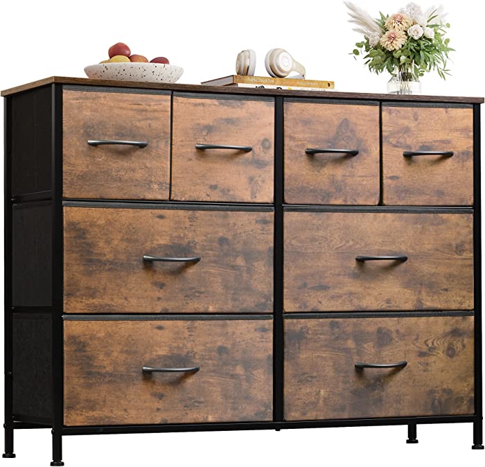 WLIVE Dresser for Bedroom with 8 Drawers, Wide Fabric Dresser for Storage and Organization, Bedroom Dresser, Chest of Drawers for Living Room, Closet, Entryway, Nursery, Rustic Brown Wood Grain Print