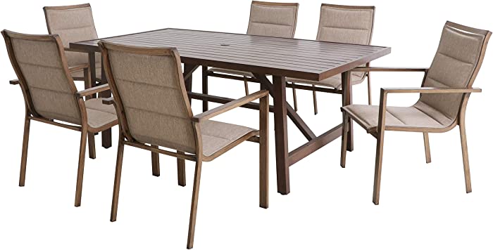Mōd Furniture Atlas 7-Piece Dining Set with 6 Padded Contoured-Sling Chairs and a 74-in. x 40-in. Trestle Table, Tan Outdoor Furniture