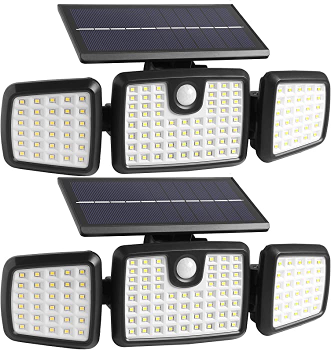Solar Lights Outdoor, 176 LED Wireless Led Solar Motion Sensor Lights Outdoor, 3 Heads 270. Wide Angle with 3 Lighting Modes, IP65 Waterproof Solar Security Lights for Front Door Yard Garage(2-Pack)