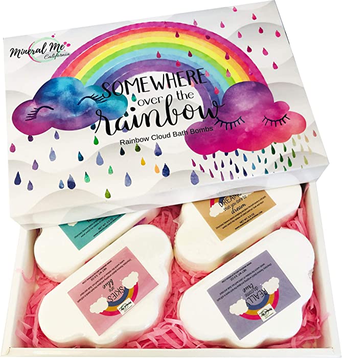 Rainbow Bath Bombs for Kids- Natural and Organic Bubble Bath Bombs w/Moisturizing Shea Butter and Natural Oils - Gift Set of 4 Large Cloud Bath Bombs for Girls, Boys w/Rich Bubbles and Vibrant Colors