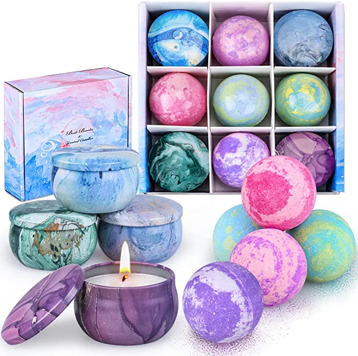 Bath Bombs Gift Set for Women, 5 Color Large Bubble Bathbombs Essential Oil with 4pcs Scented Candles, Fizzy Spa for Moisturizing Skin, Idea Valentine's Day, Birthday Gifts for Friends Mom Love