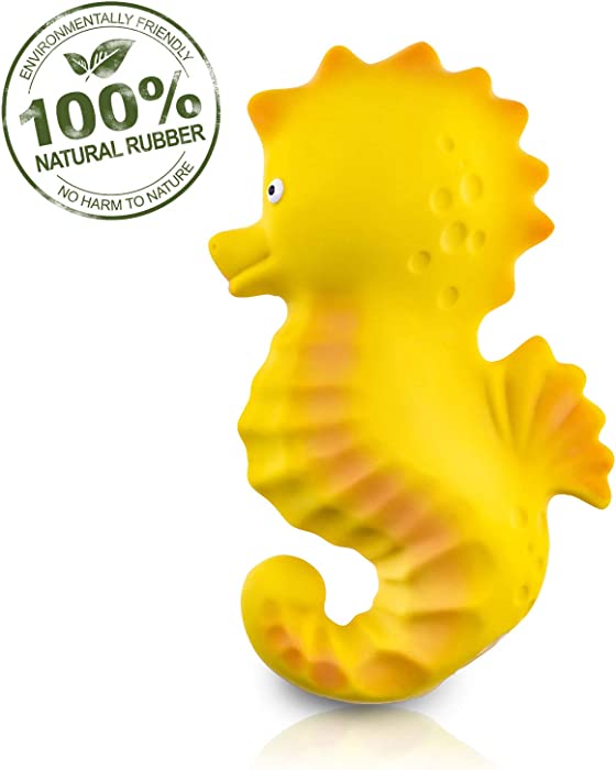 Pure Natural Rubber Baby Bath Toy - Nalu The Seahorse - Without Holes, BPA, PVC, Phthalates Free, All Natural, Textured for Sensory Play, Sealed Bath Rubber Toy, Hole Free Bathtub Toy for Babies