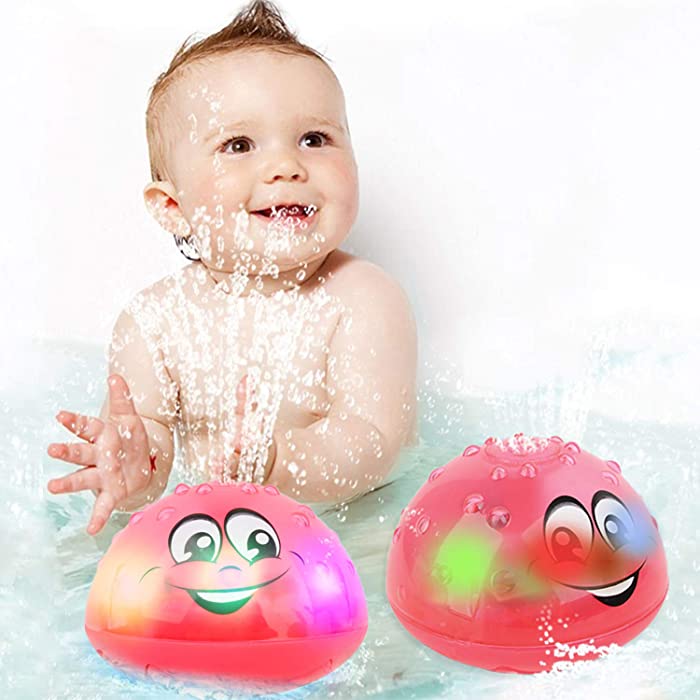 WELLVO Baby Bath Toys, LED Light Up Bath Toys for Kids Toddlers Infant Boys and Girls, Sprinkler Shower Pool Bathroom Bathtub Toys for Baby (Pink)