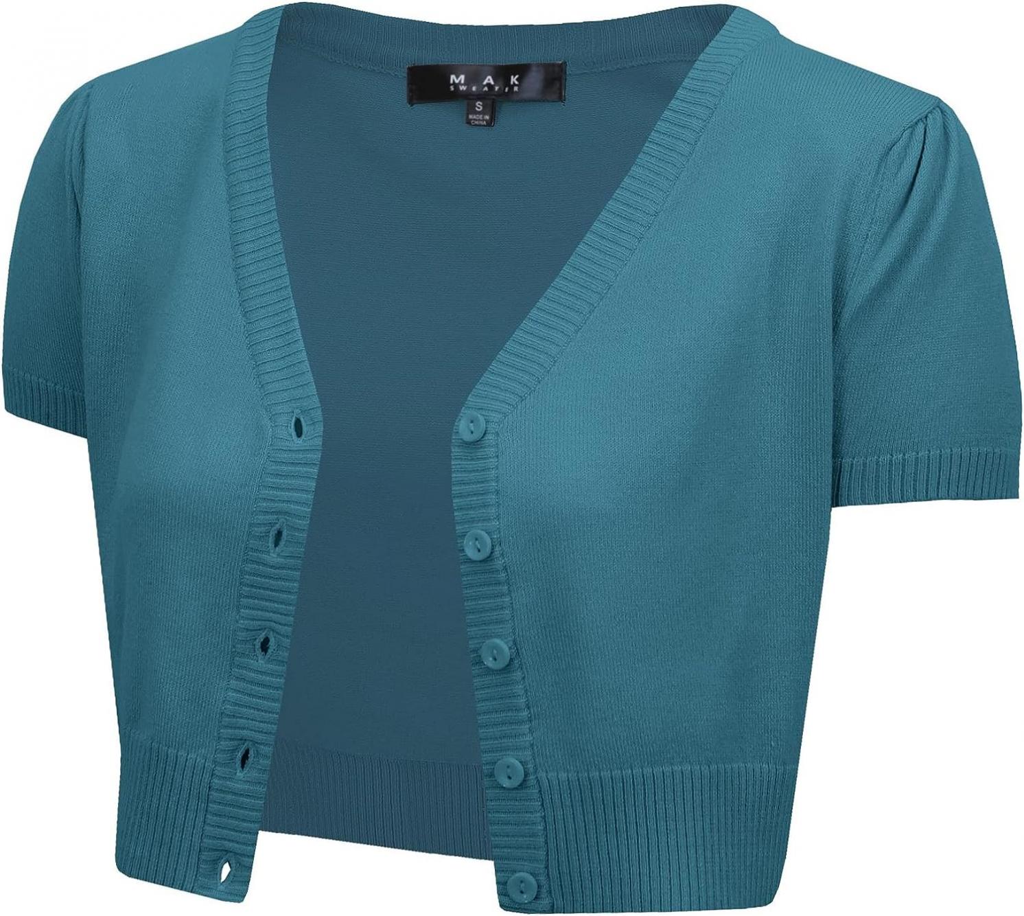 YEMAK Women's Cropped Bolero Cardigan – Short Sleeve V-Neck Basic Classic Casual Button Down Knit Soft Sweater Top (S-4XL)