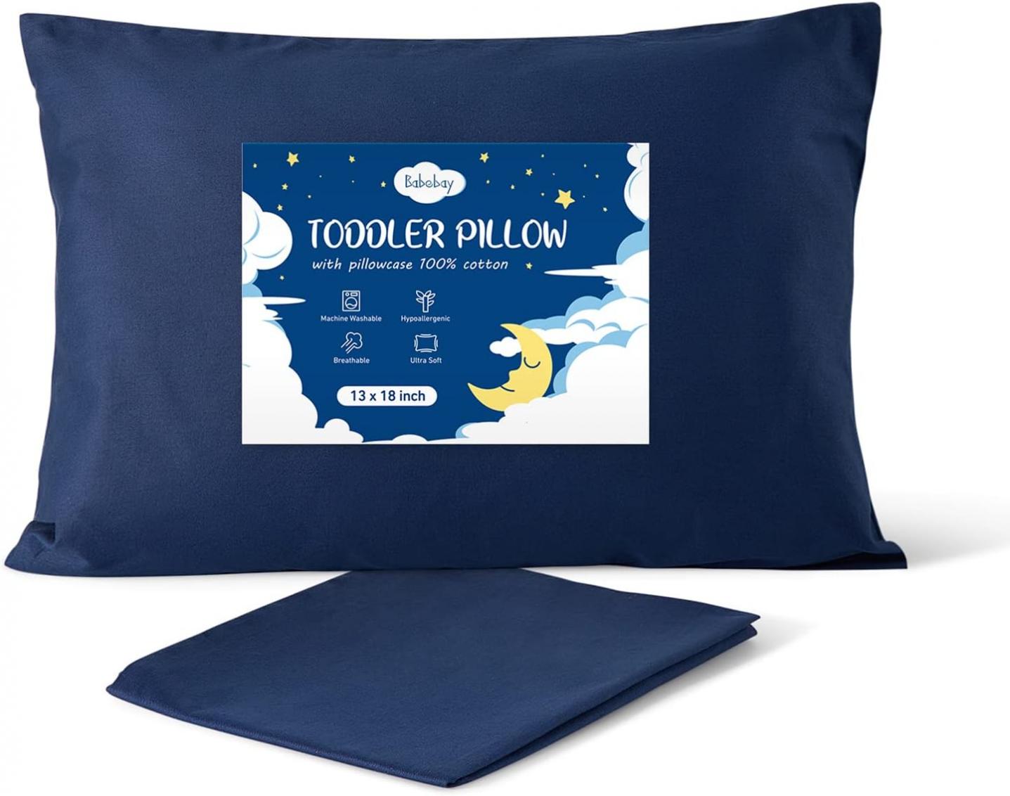 Babebay Toddler Pillow with Pillowcase, 13×18 100% Cotton Toddlers Pillows for Sleeping, Machine Washable Pillows Perfect for Toddler Bed, Daycare, Small Pillows for Kids, Neutral - Navy Blue