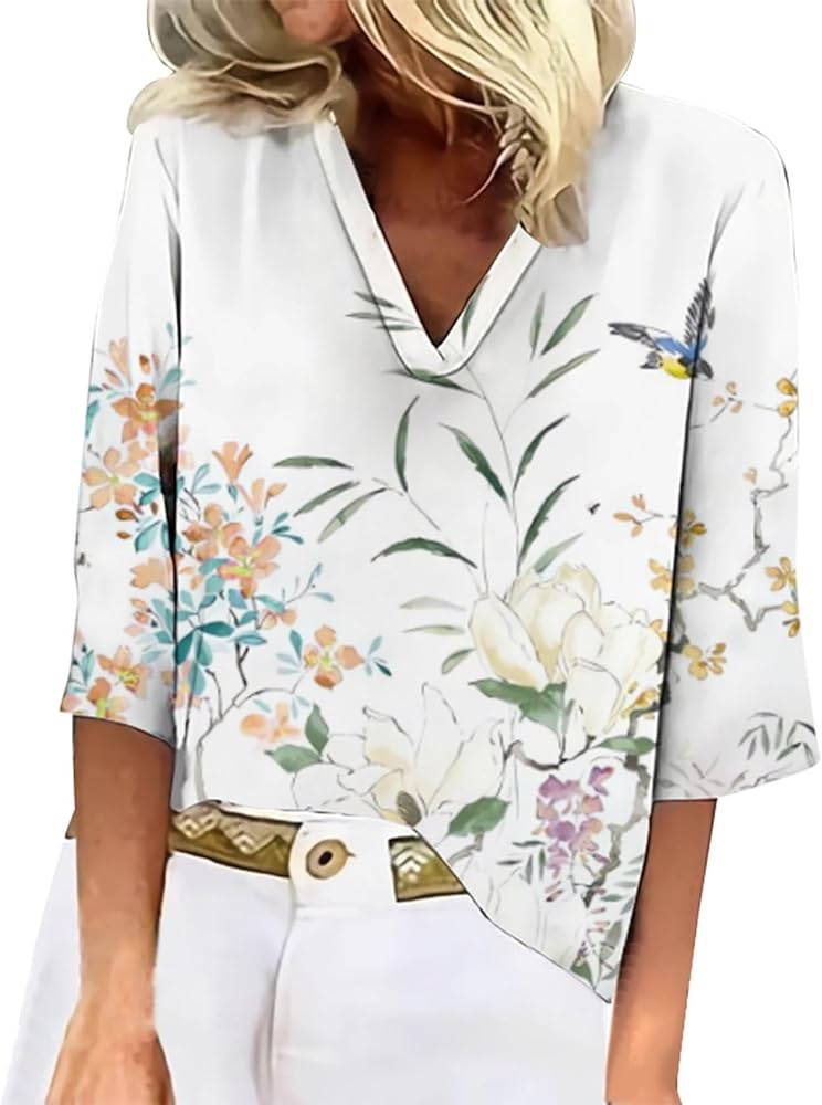 Womens 3/4 Length Sleeve Tops 2024 Ladies Summer Sexy V Neck Shirts Boho Floral Print Tunic Tops Dressy Casual Blouses