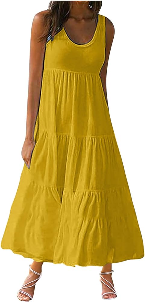 Beach Sundresses for Women 2024 Resort Wear Casual Loose Sleeveless Summer Tank Dress Ruffle Flowy Long Dresses
