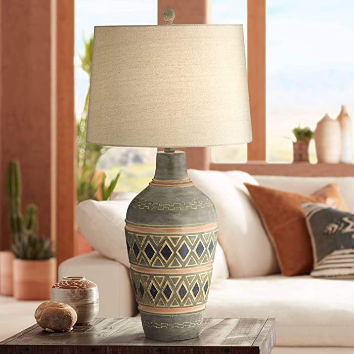 Desert Mesa Rustic Southwestern Style Table Lamp 29.5" Tall Gray Pattern Jar Oatmeal Fabric Drum Shade Decor for Living Room Bedroom House Bedside Nightstand Home Office - John Timberland