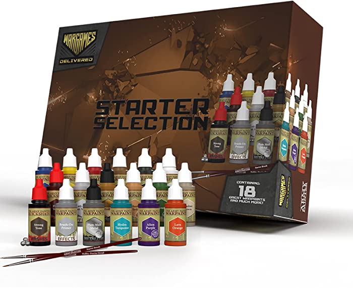 The Army Painter - Wargames Delivered Starter Miniature Paint Sets - Acrylic Model Paints for Plastic Models - Miniature Painting Kit - 18 Acrylic Paints for Models, 2 Hobby Paint Brushes, Miniature Primer, Quickshade Washes, Mixing Balls & Bottles
