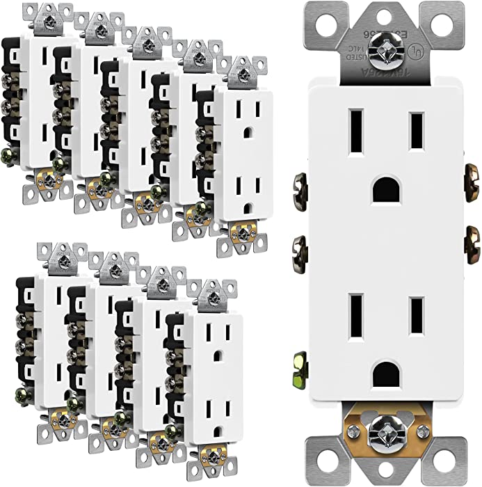 ENERLITES Decorator Receptacle, Residential Grade Wall Outlet, 15A 125V, Self-Grounding, 2-Pole, 3-Wire, 5-15R, UL Listed, 61501-W-10PCS, White,10 Pack