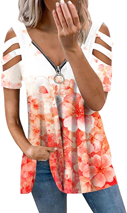 Smooto Womens Tops Zipper V-Neck Blouses Casual Short Sleeve Tops Vintage Print T Shirt Blouse Summer Tunic Tops
