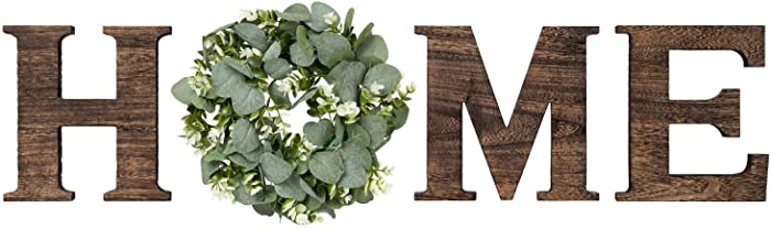 Mkono Wall Hanging Wood Home Sign with Artificial Eucalyptus for O Rustic Wooden Home Hanging Letters Decorative Wall Decor Signs for Living Room House, 9.8''H x 8.5''W, Brown