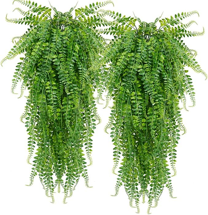 Artificial Hanging Plants Fake Plants Ferns Faux Hanging Plants for Patio Porch Outdoor Plants Decor (2 Pcs)