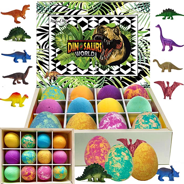 Bath Bombs for Kids with Toys Inside - Set of 12 Colorful Egg Bath Fizzies with Dinosaur Surprise. Gentle and Kids Safe Spa Bath Fizz Balls Kit. Birthday Gift for Girls and Boys