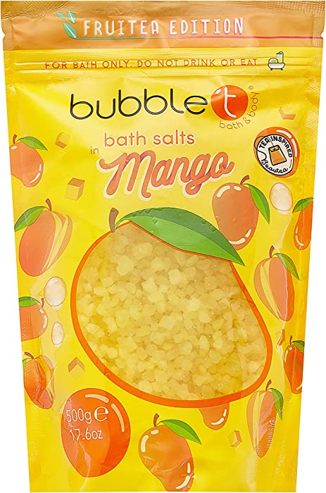 Bubble T Cosmetics Fruitea Mango Bath Salts, Soothes Tired Limbs & Freshens Up Bath Time with Sweet & Fruity Scents, Provides All Day Freshness - 1 x 500g