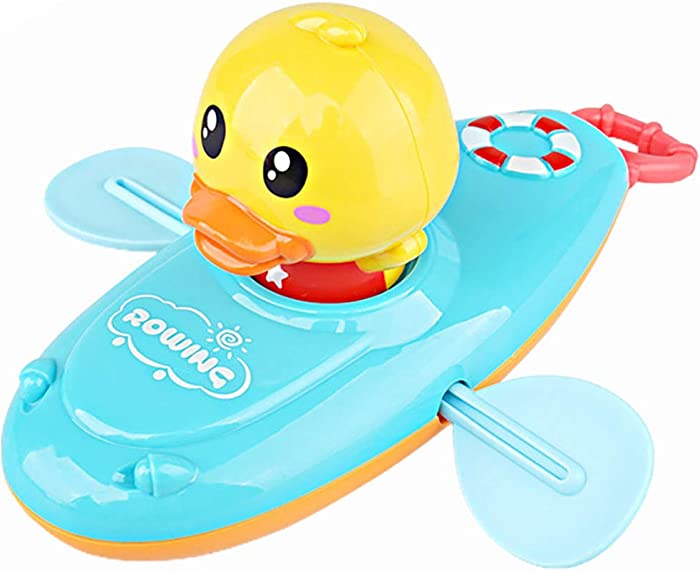 NEXTAKE Pull String Baby Bath Toy Pull & Go Kayak Cute Rowing Duckling Floating Toy Boat Duck Toys for Toddlers Baby Children (Blue 1)